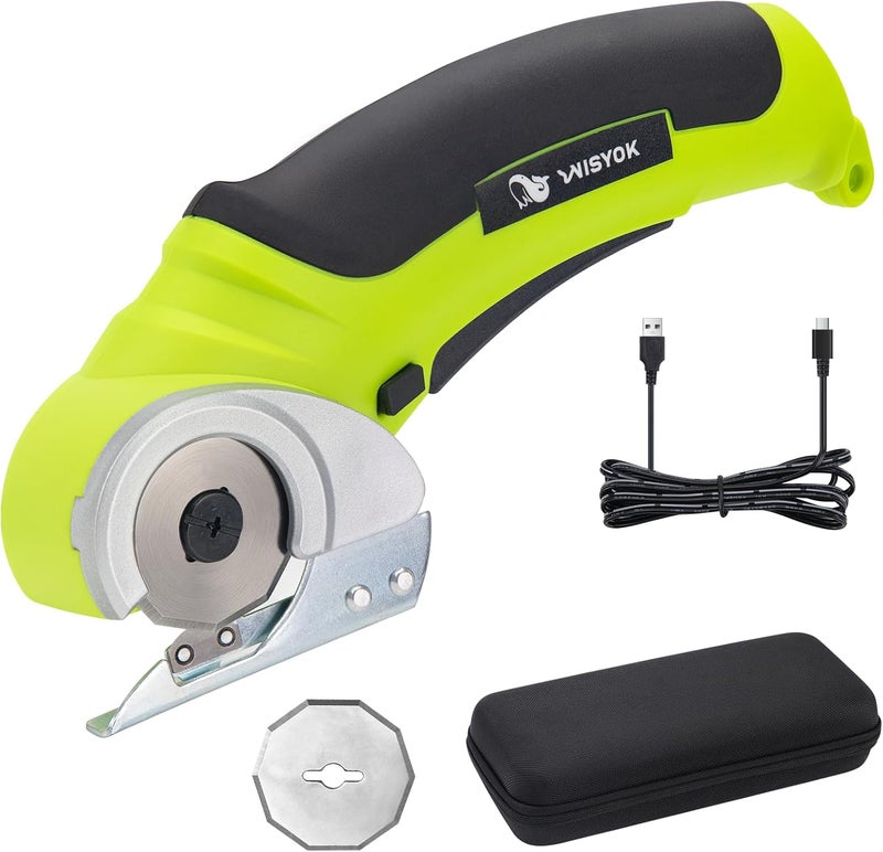 WISYOK Cordless Electric Scissors, 4.2V Rechargeable Cardboard Cutter with Safety Lock, 2 Blades & Storage Bag, Electric Box Cutter for Crafts, Leather, Plastic, Felt, Gifts for Men - Image 1